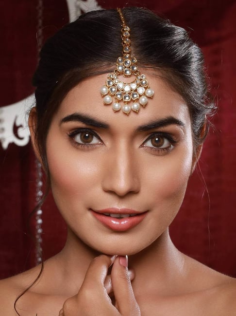 Aatmana Gold-Plated Off-White Artificial Stone-Studded Beaded Maang Tikka  for Women