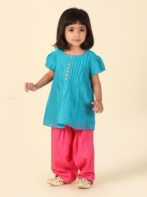 Fabindia Kids Blue & Pink Printed Kurta with Salwar