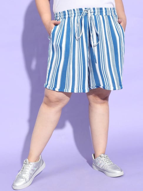 Oxolloxo Plus Size White & Blue Striped Mid Rise Shorts-picture-18