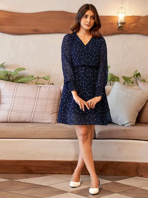 SELVIA Navy Printed Fit & Flare Dress