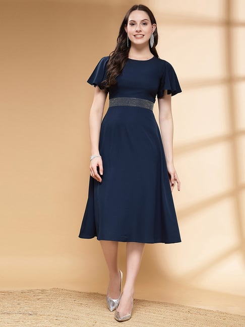 SELVIA Navy Embellished Fit Flare Dress