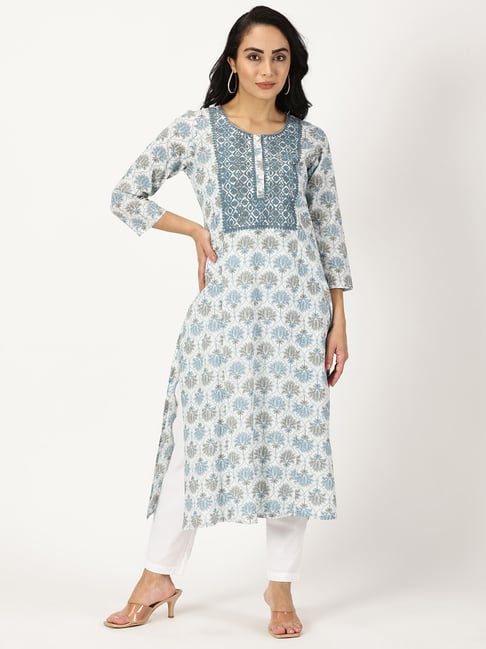 Saffron Threads White & Blue Cotton Printed Straight Kurta-picture-13