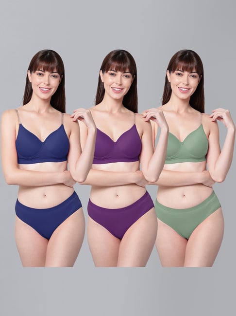 AROUSY Blue & Purple Cotton Bra Panty Set - Pack Of 3-picture-43