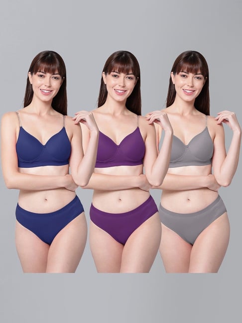 AROUSY Blue & Purple Cotton Bra Panty Set - Pack Of 3-picture-38