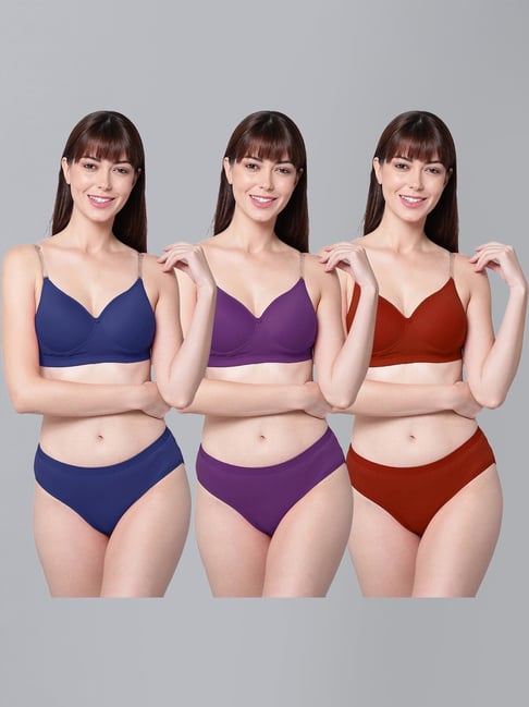 AROUSY Blue & Purple Cotton Bra Panty Set - Pack Of 3-picture-32