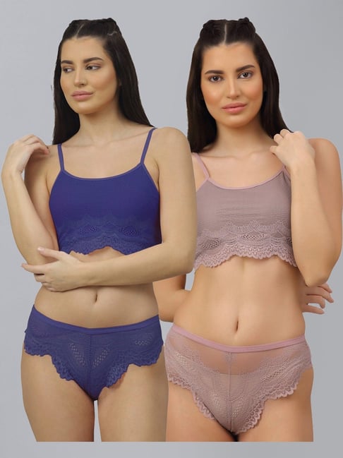 AROUSY Blue & Purple Self Pattern Bra Panty Set - Pack Of 2-picture-36