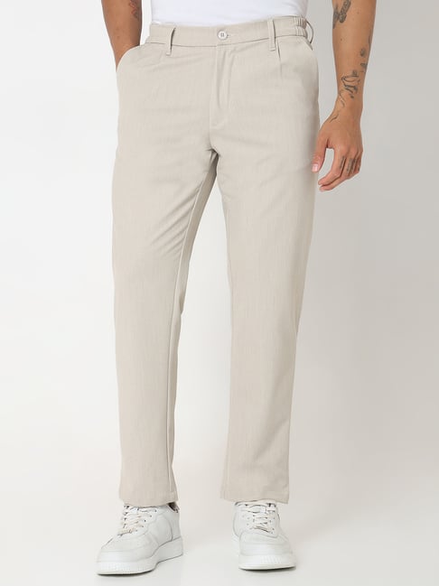 Spykar Beige Slim Fit Pleated Trousers