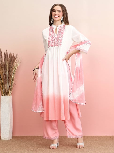 Buy Indo Era White Pink Cotton Kurta Palazzo Set With Dupatta