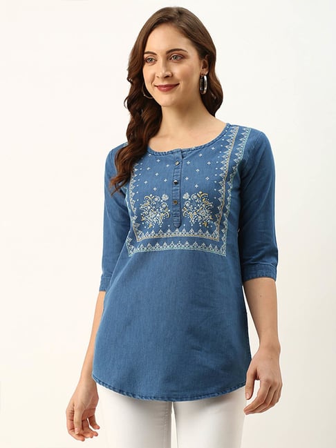 Buy Odette Blue Printed Straight Kurti for Women Online Tata CLiQ