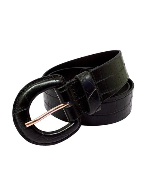 belwaba black textured leather casual belt for women