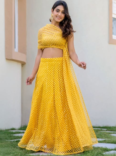 HOUSE OF JAMOTI Yellow Embellished Crop Top Skirt Set