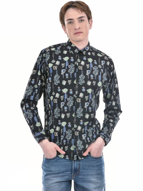 Numero Uno Black Slim Fit Floral Print Shirt-picture-30