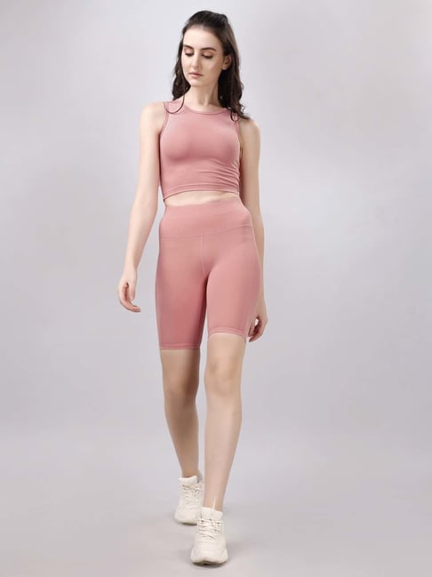 Soie Pink Plain Sports Tank Top Shorts Set