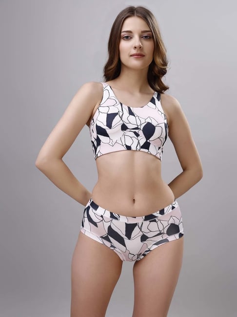 Soie White & Peach Printed Bra Panty Set