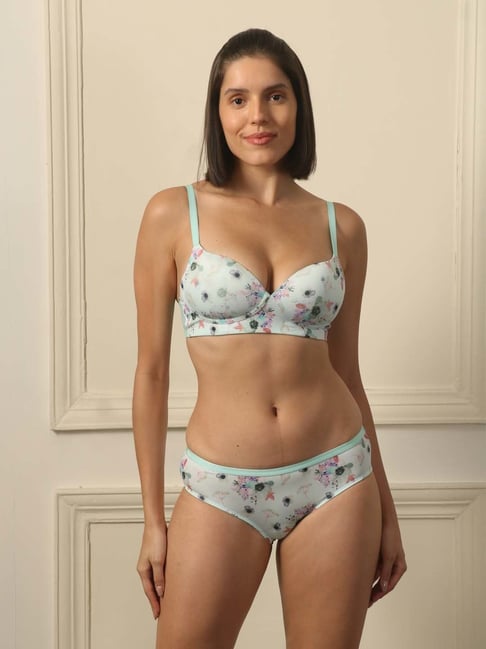 Soie Sea Green Printed Bra Panty Set