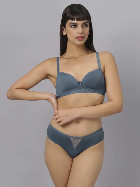 Soie Grey Plain Bra Panty Set