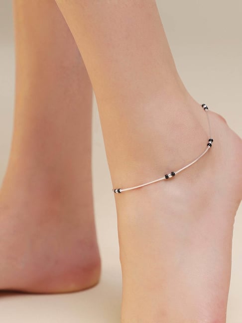 Zavya 925 Silver Shimmering Harmony Rhodium-Plated Anklet with Beaded Accents for Women