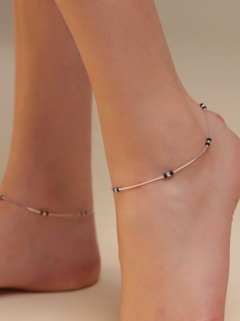 Zavya 925 Silver Shimmering Harmony Rhodium-Plated Anklet with Beaded Accents for Women-picture-13