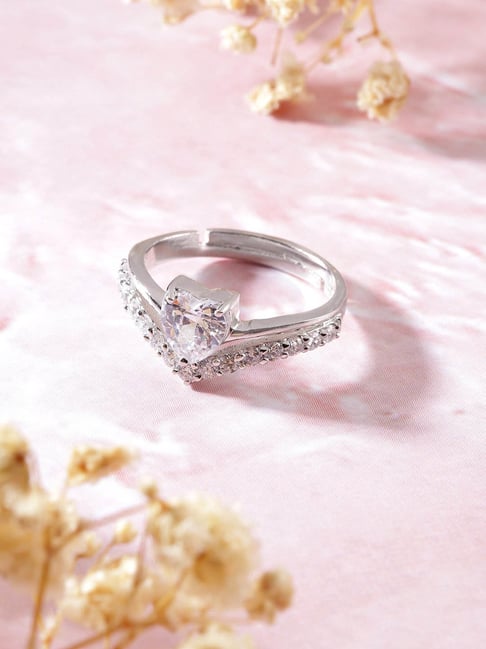 Zavya 925 Silver Shimmering Love Rhodium-Plated Heart CZ Adjustable Ring for Women