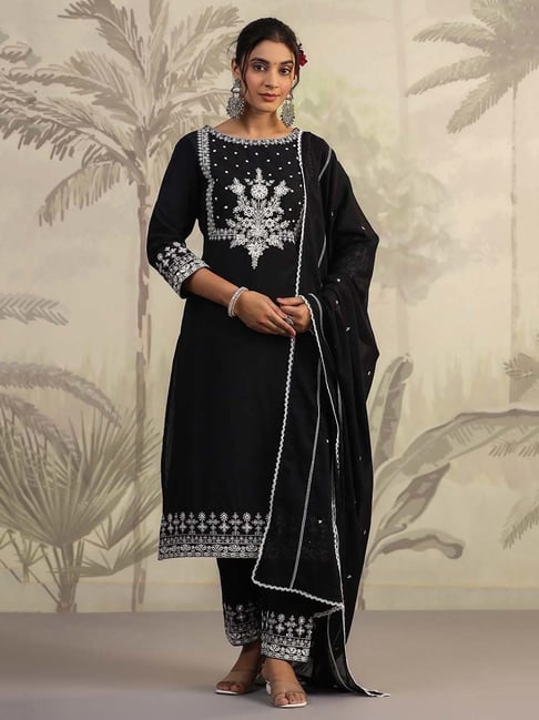 SCAKHI Jet Black Cotton Embroidered Kurta Pant Set With Dupatta