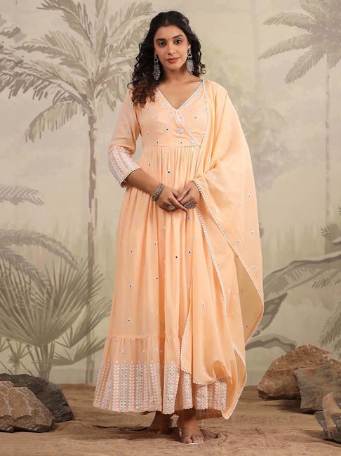 SCAKHI Peach Blossom Cotton Embroidered Kurta Pant Set With Dupatta