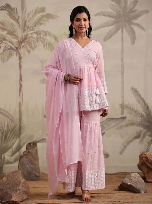 SCAKHI Lilac Cotton Embroidered Kurti Sharara Set With Dupatta