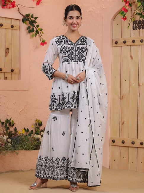 SCAKHI Off-White Cotton Embroidered Kurti Sharara Set With Dupatta