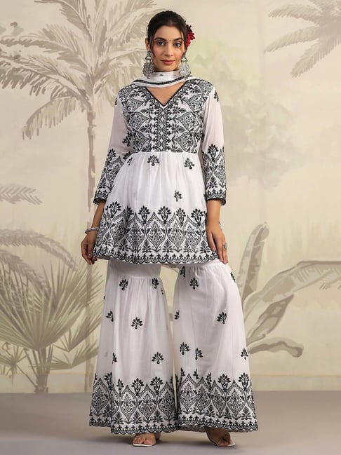 SCAKHI Pearl White Cotton Embroidered Kurti Sharara Set With Dupatta