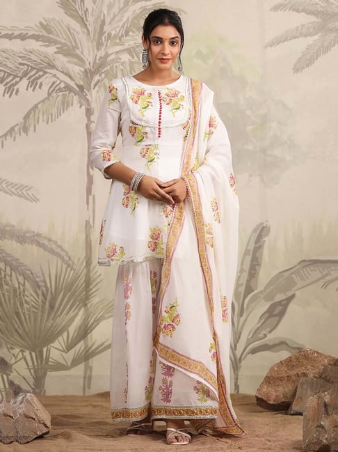 SCAKHI Off-White Cotton Floral Print Kurti Sharara Set With Dupatta