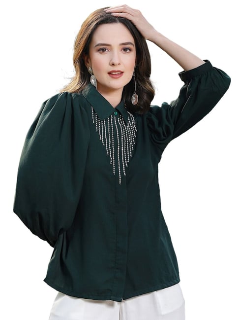 Melon by PlusS Dark Green Embellished Casual Shirt