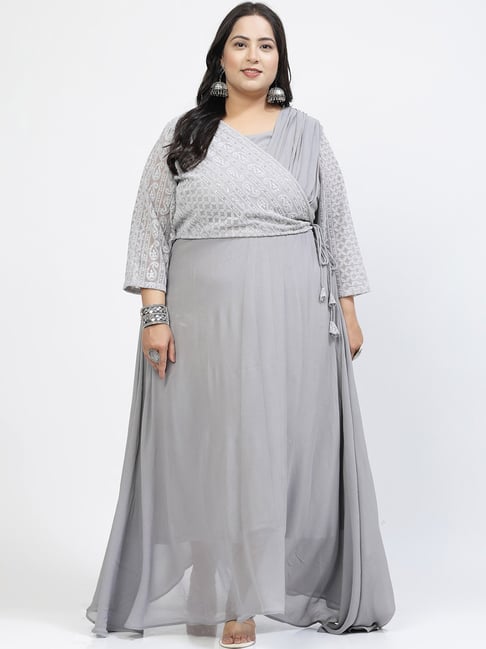 Melon by PlusS Plus Size Grey Embroidered Maxi Dress