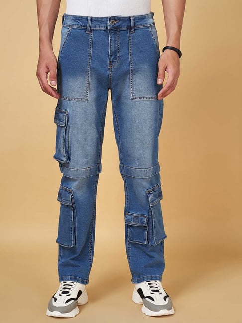 SF Jeans by Pantaloons Mid Blue Regular Fit Lightly Washed Cargo Jeans-picture-25
