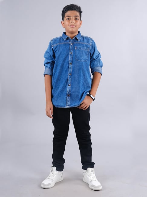 Kiddopanti Kids Blue Black Solid Full Sleeves Denim Shirt with Jeans