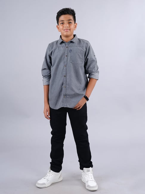 Kiddopanti Kids Grey Black Solid Full Sleeves Denim Shirt with Jeans
