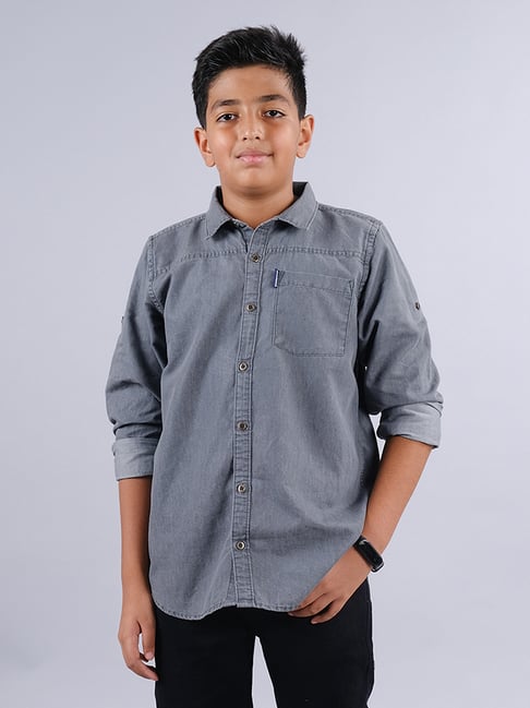 Kiddopanti Kids Grey Solid Full Sleeves Shirt