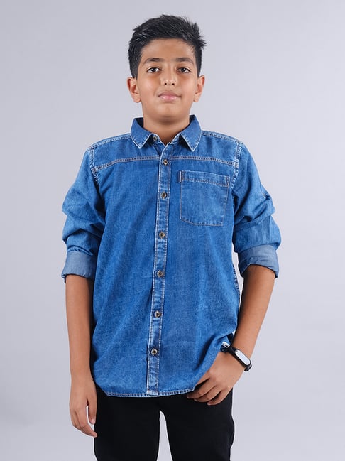 Kiddopanti Kids Blue Solid Full Sleeves Shirt