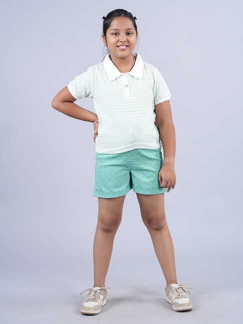 Kiddopanti Kids White Green Striped Polo T-Shirt with Shorts