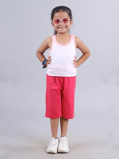 Kids Cycling Shorts Set Kiddopanti Kids White Pink Striped Tank