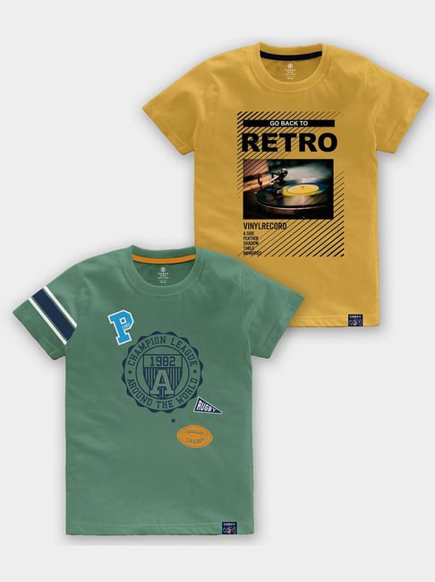 Codez Kids Olive Yellow Printed T-Shirt (Pack Of 2)