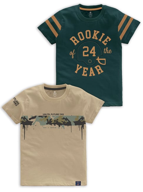 Codez Kids Beige & Green Printed T-Shirt (Pack Of 2)