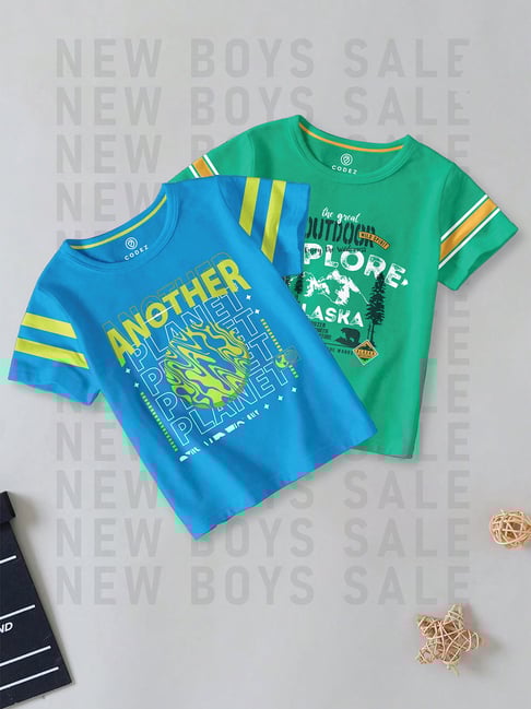 Buy Codez Kids Blue Green Printed T-Shirt (Pack Of 2) for Boys