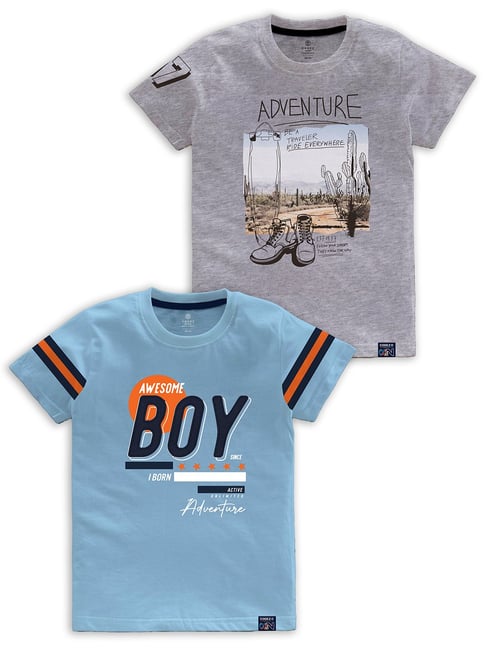 Codez Kids Sky Blue & Grey Melange Printed T-Shirt (Pack Of 2)-picture-23