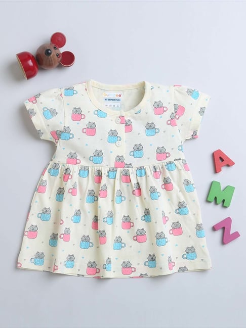 Bumzee Kids Cream Cotton Printed Frock