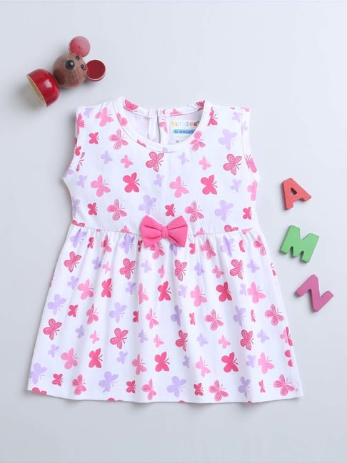 Bumzee Kids White & Pink Cotton Printed Frock