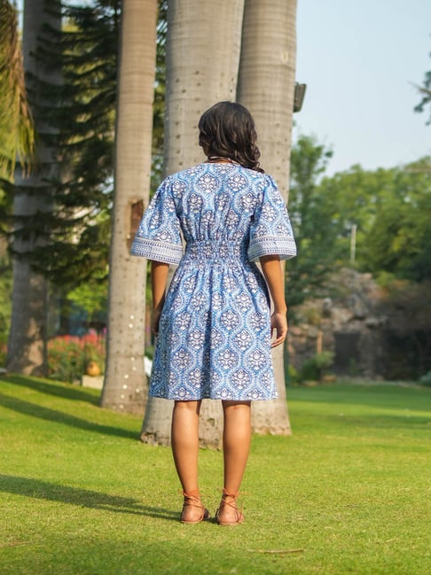 Buy Akiso Blue Block Printed Box Pleat Dress for Womens Online