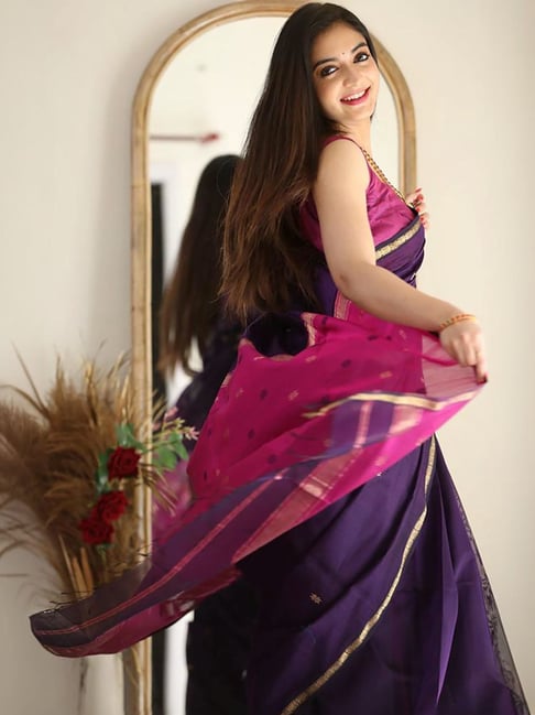 Donna Banarasi Kanjivaram Cotone Seta Saree Con Scucito Camicetta IN
