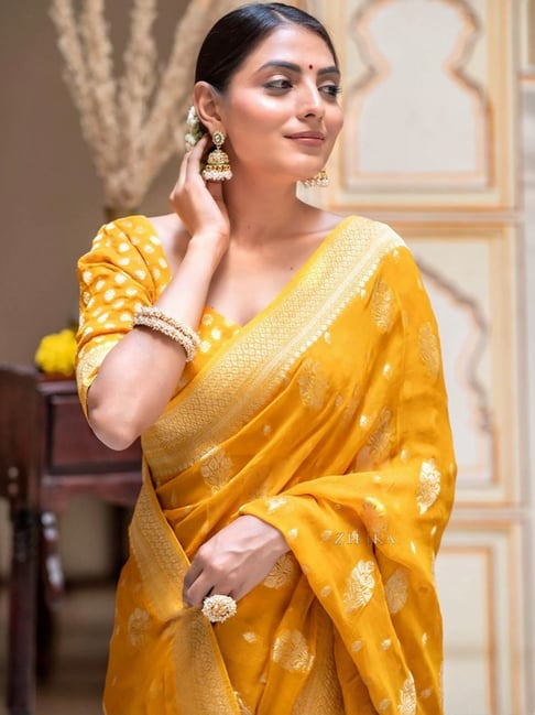 Anjaneya Sarees Yellow Silk Woven Saree With Unstitched Blouse