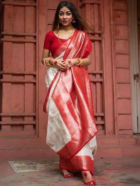 Anjaneya Sarees White & Red Silk Woven Saree With Unstitched Blouse-picture-34