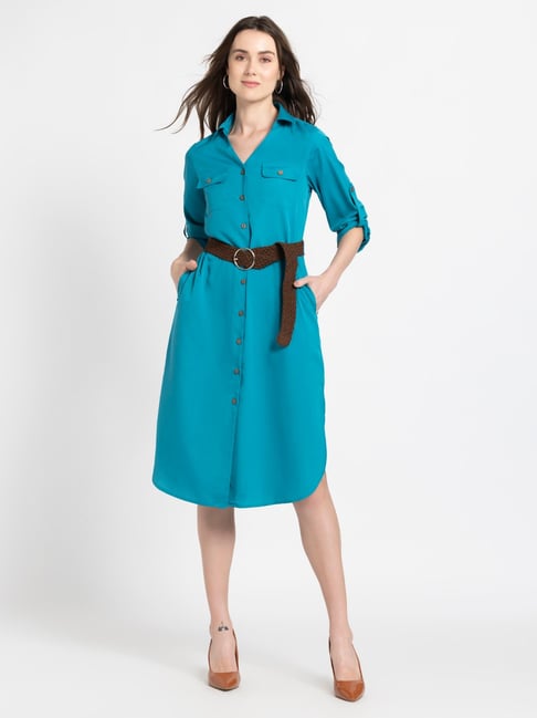 SHAYE Teal Linen Regular Fit Shirt Dress With Belt