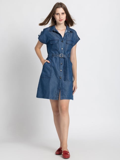 SHAYE Blue Denim Regular Fit Shirt Dress With Belt